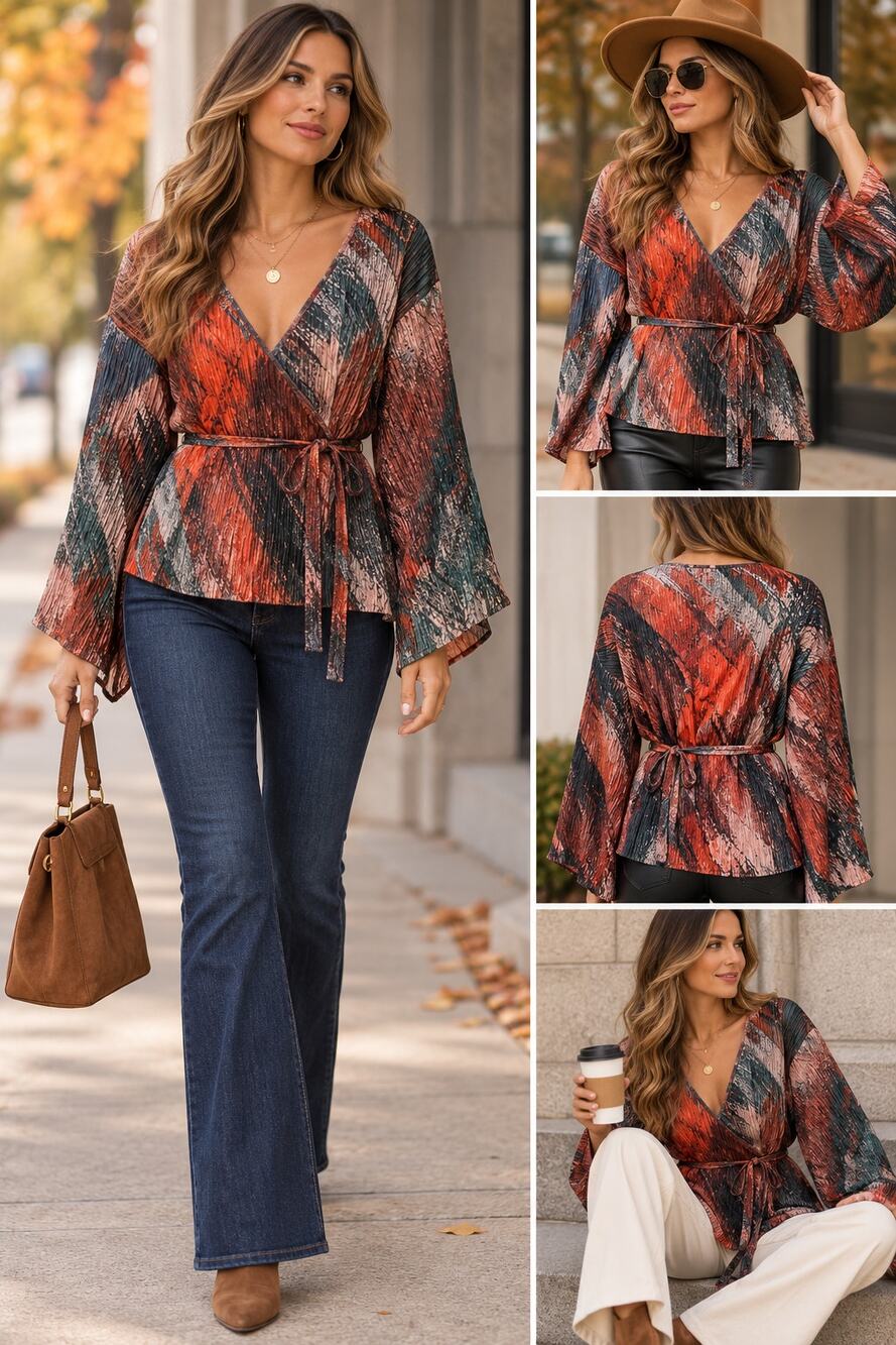 Zara Pleated Kimono Wrap Top L NWT Abstract Print Belted Boho Blouse